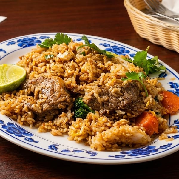 Beef fried rice with carrots, broccoli, and cilantro, garnished with a lime wedge.