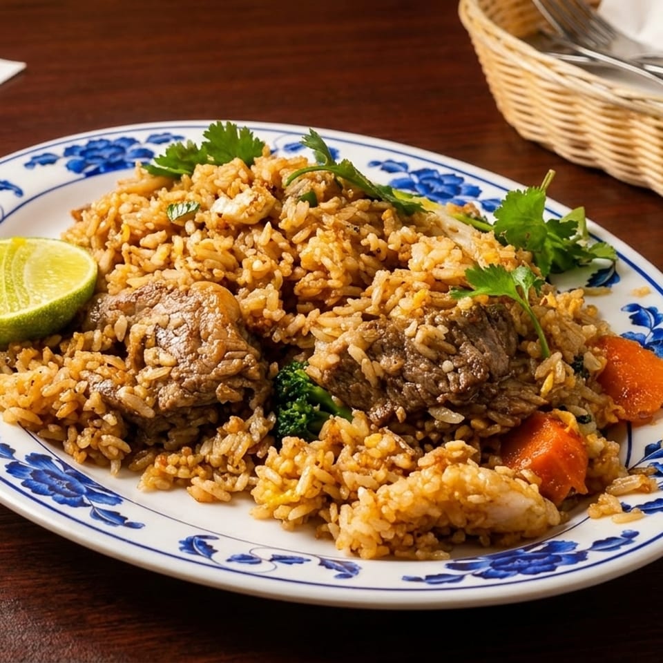 Beef fried rice with carrots, broccoli, and cilantro, garnished with a lime wedge.
