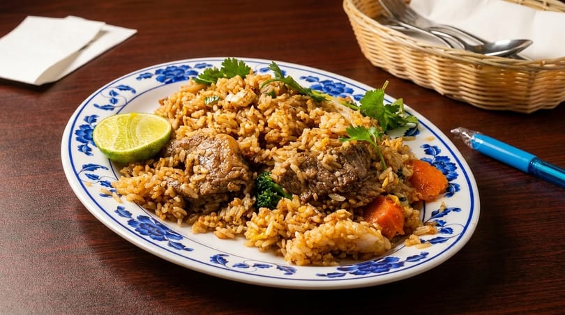 Beef fried rice with carrots, broccoli, and cilantro, garnished with a lime wedge.