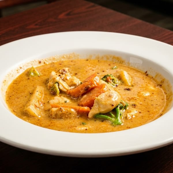 Creamy yellow curry with chicken, carrots, and broccoli in a white bowl on a wooden table.