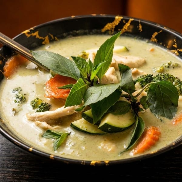 A black bowl with gold accents filled with green curry, chicken, vegetables, and basil.