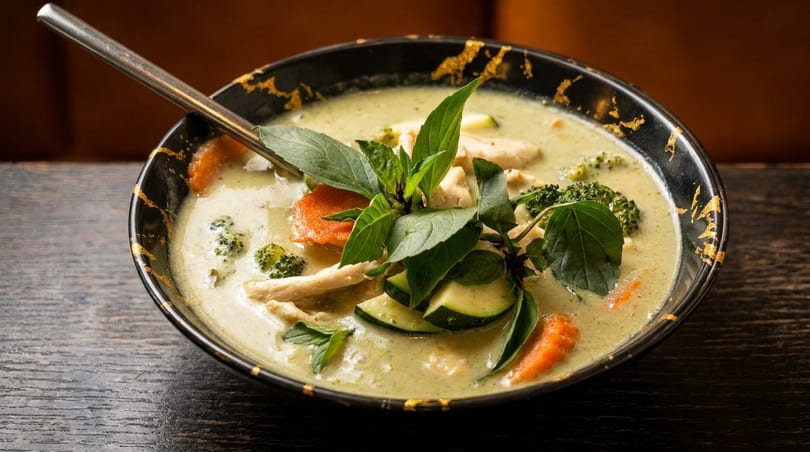 A black bowl with gold accents filled with green curry, chicken, vegetables, and basil.