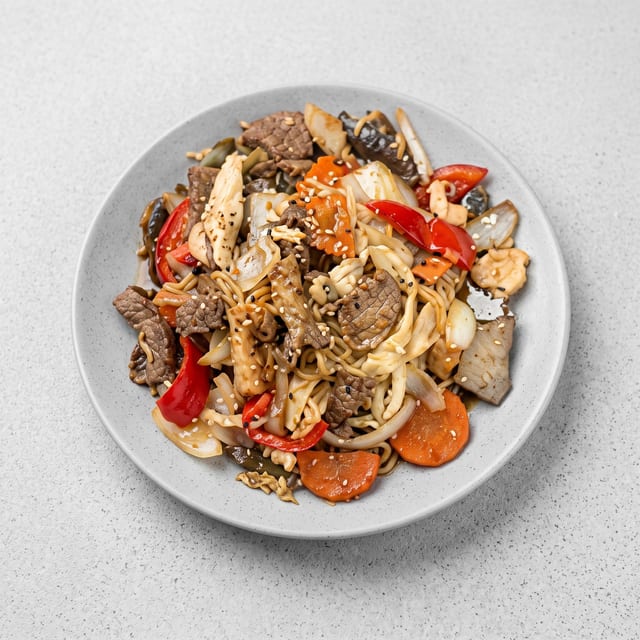 Beef, Pork, & Chicken Garlic Pepper Stir Fry.