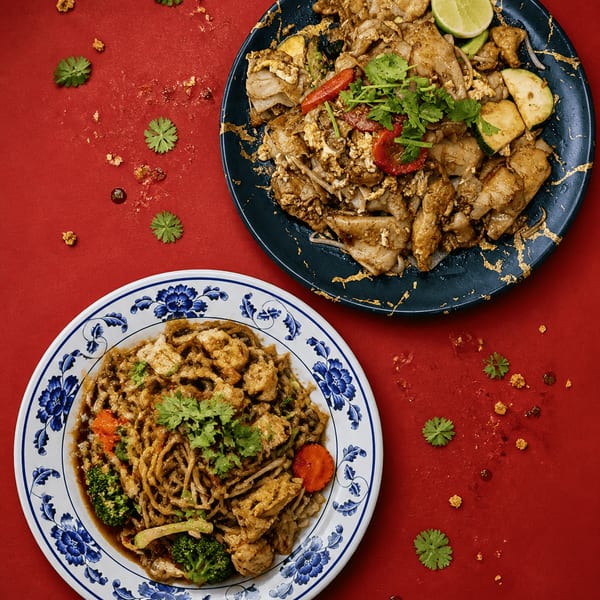 Stir-fried wide rice noodles with chicken, vegetables, cilantro, and lime on a dark plate.