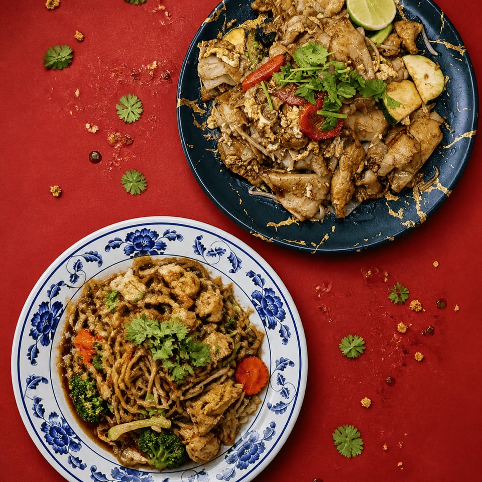 Stir-fried wide rice noodles with chicken, vegetables, cilantro, and lime on a dark plate.