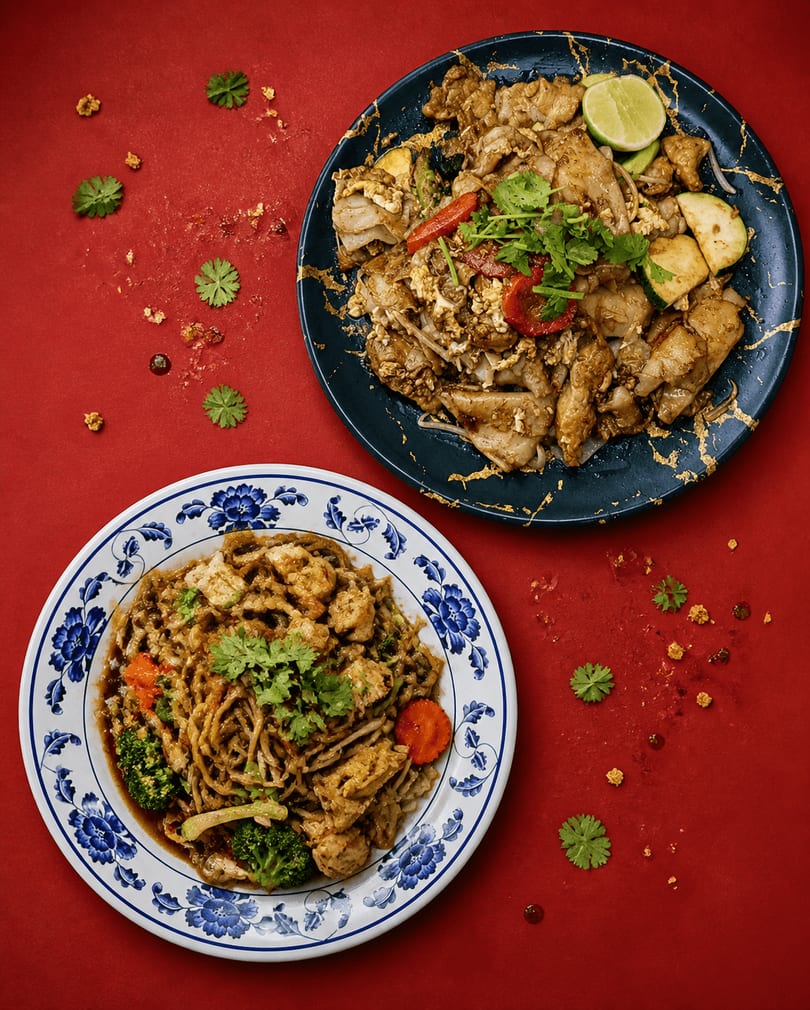 Stir-fried wide rice noodles with chicken, vegetables, cilantro, and lime on a dark plate.